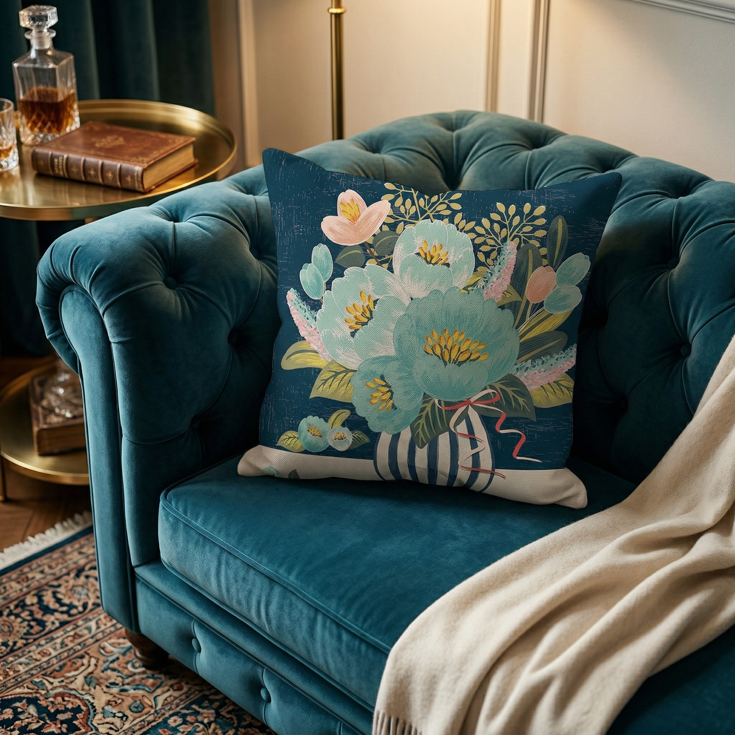 Coussin vase fleuri sur canapé