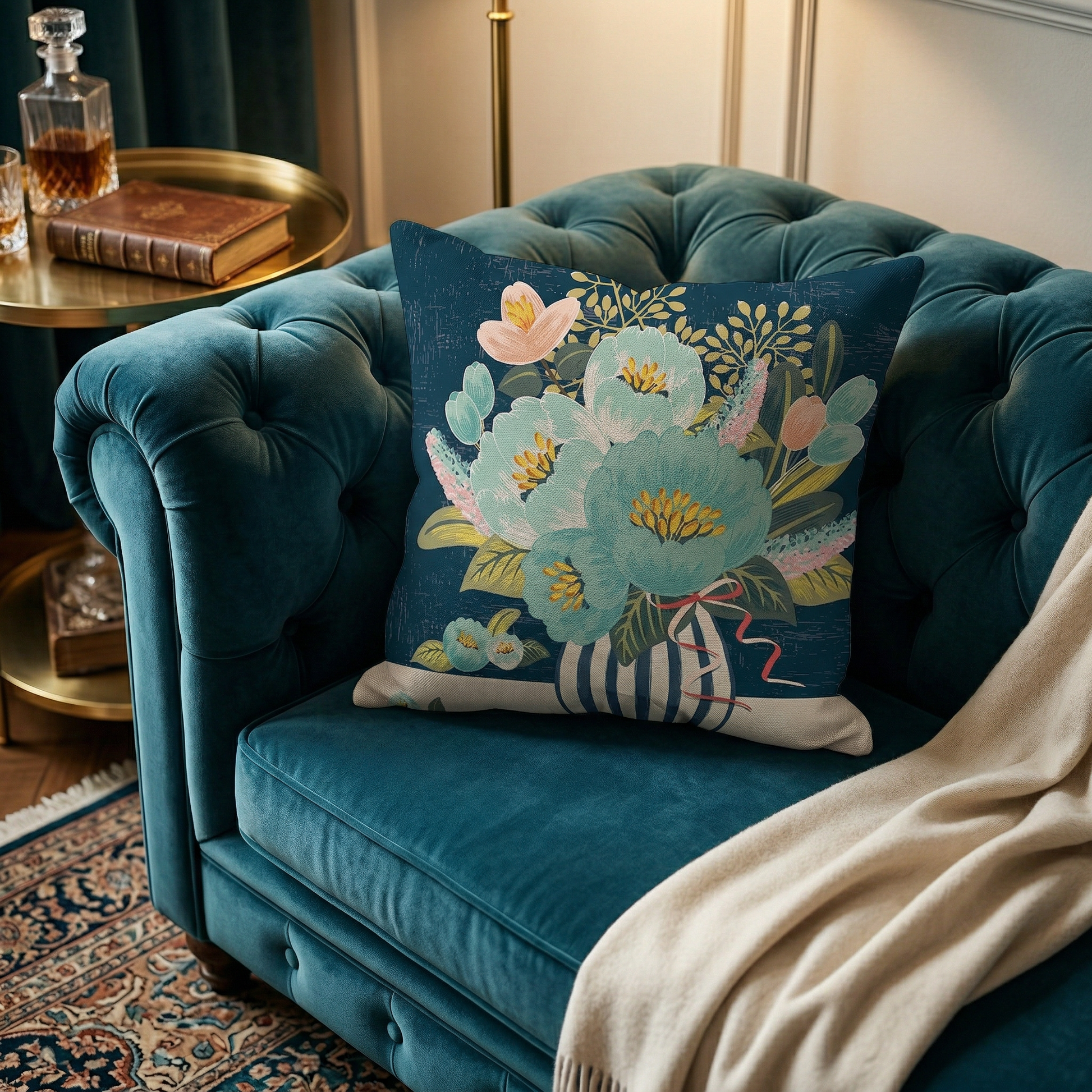 Coussin vase fleuri sur canapé