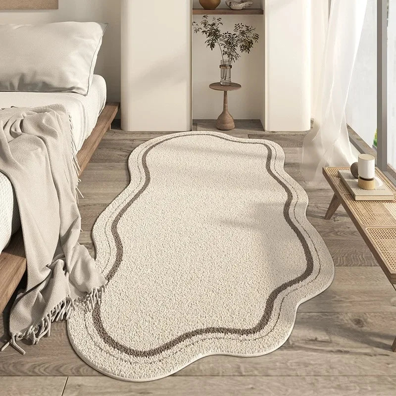 Tapis Beige Antidérapant en Peluche pour Salon - Design Minimaliste