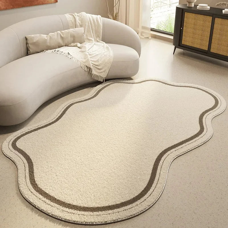 Tapis Beige Antidérapant en Peluche pour Salon - Design Minimaliste