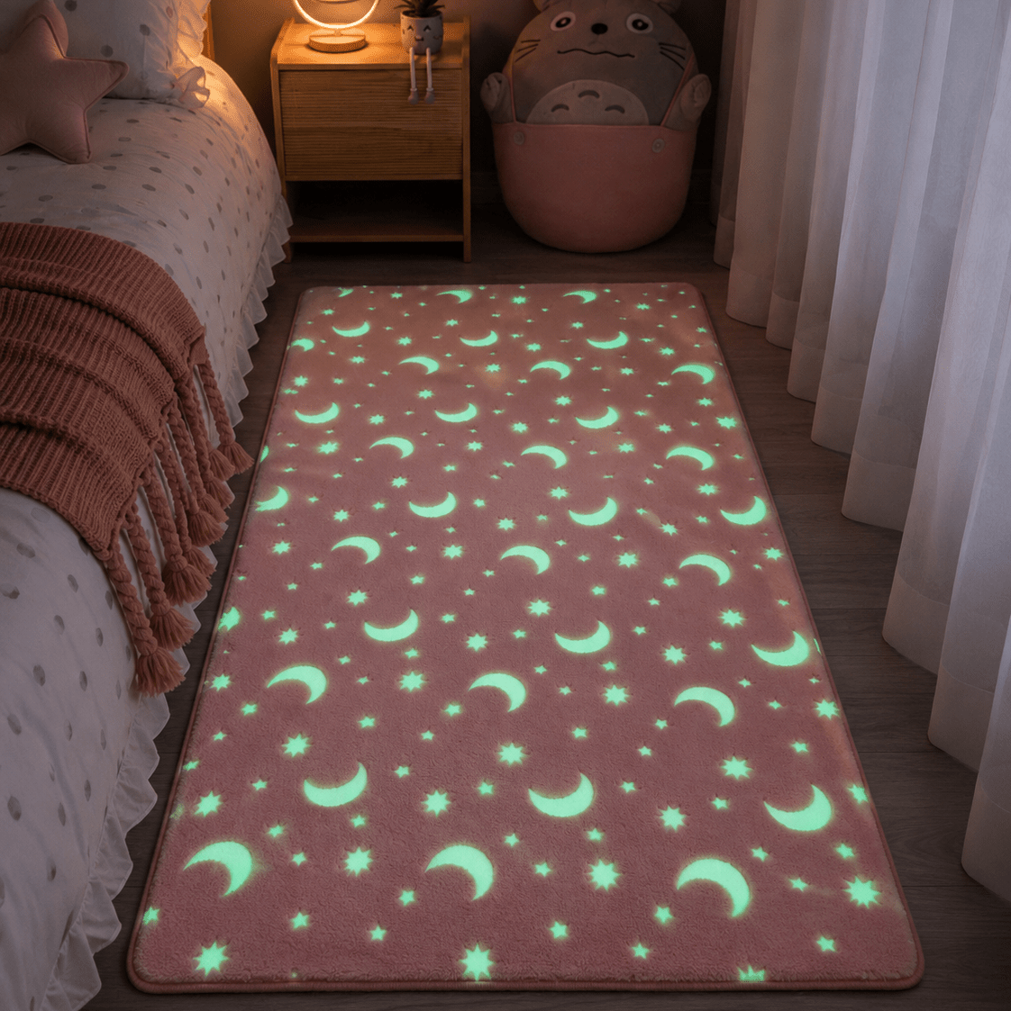 Tapis Enfant Lumineux - Motif Lune et Étoiles, Doux et Confortable
