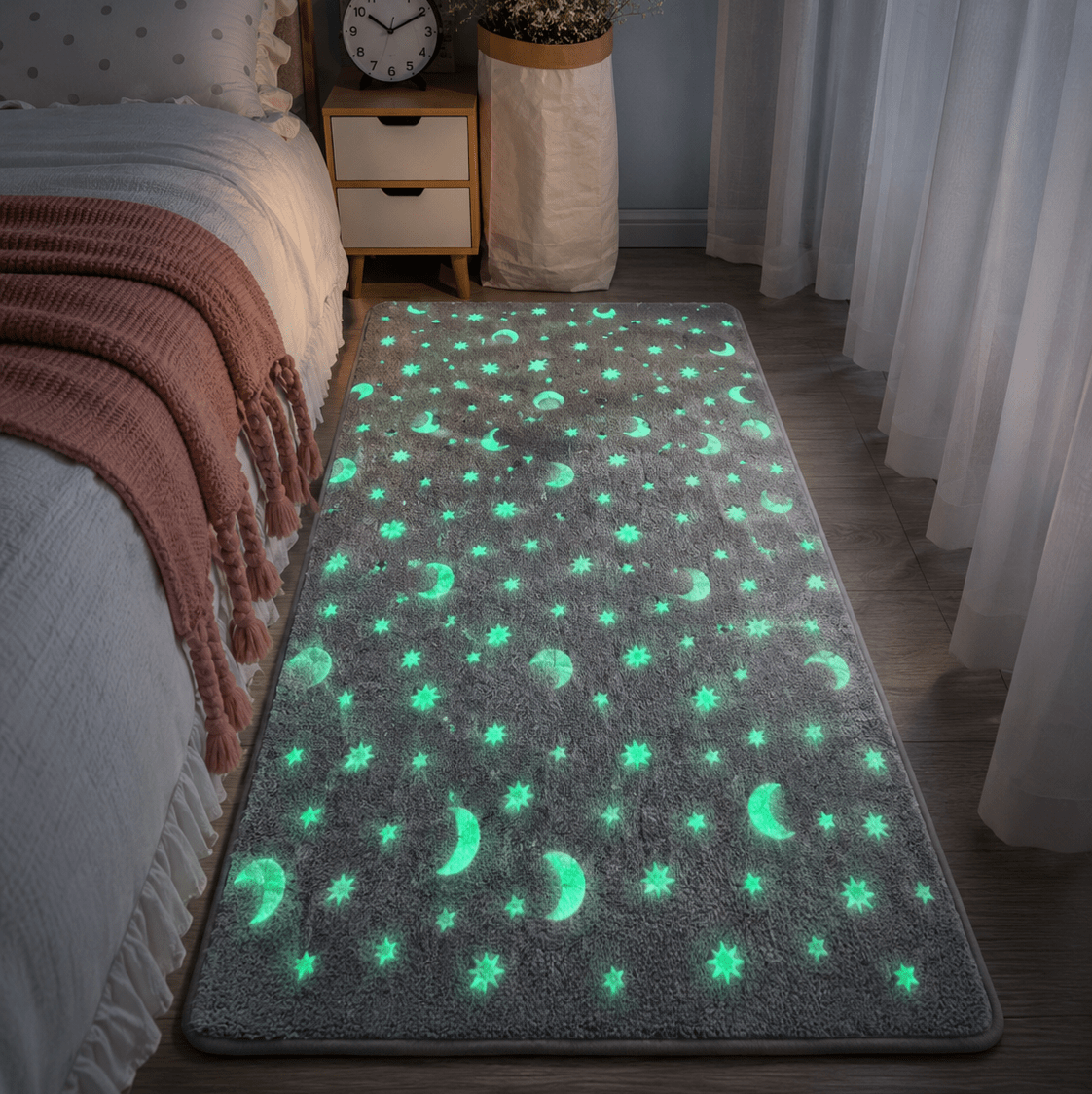 Tapis Enfant Lumineux - Motif Lune et Étoiles, Doux et Confortable
