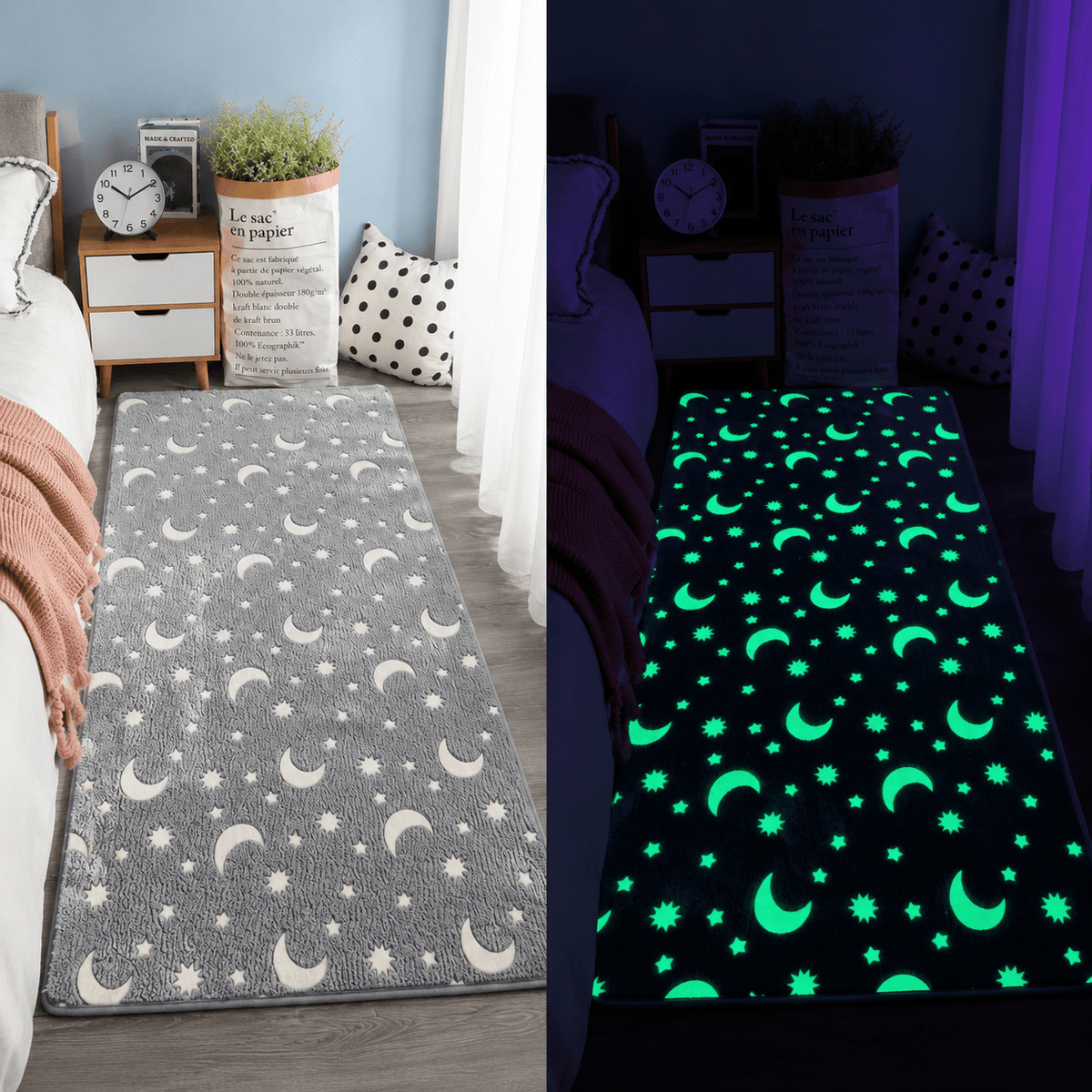 Tapis Enfant Lumineux - Motif Lune et Étoiles, Doux et Confortable