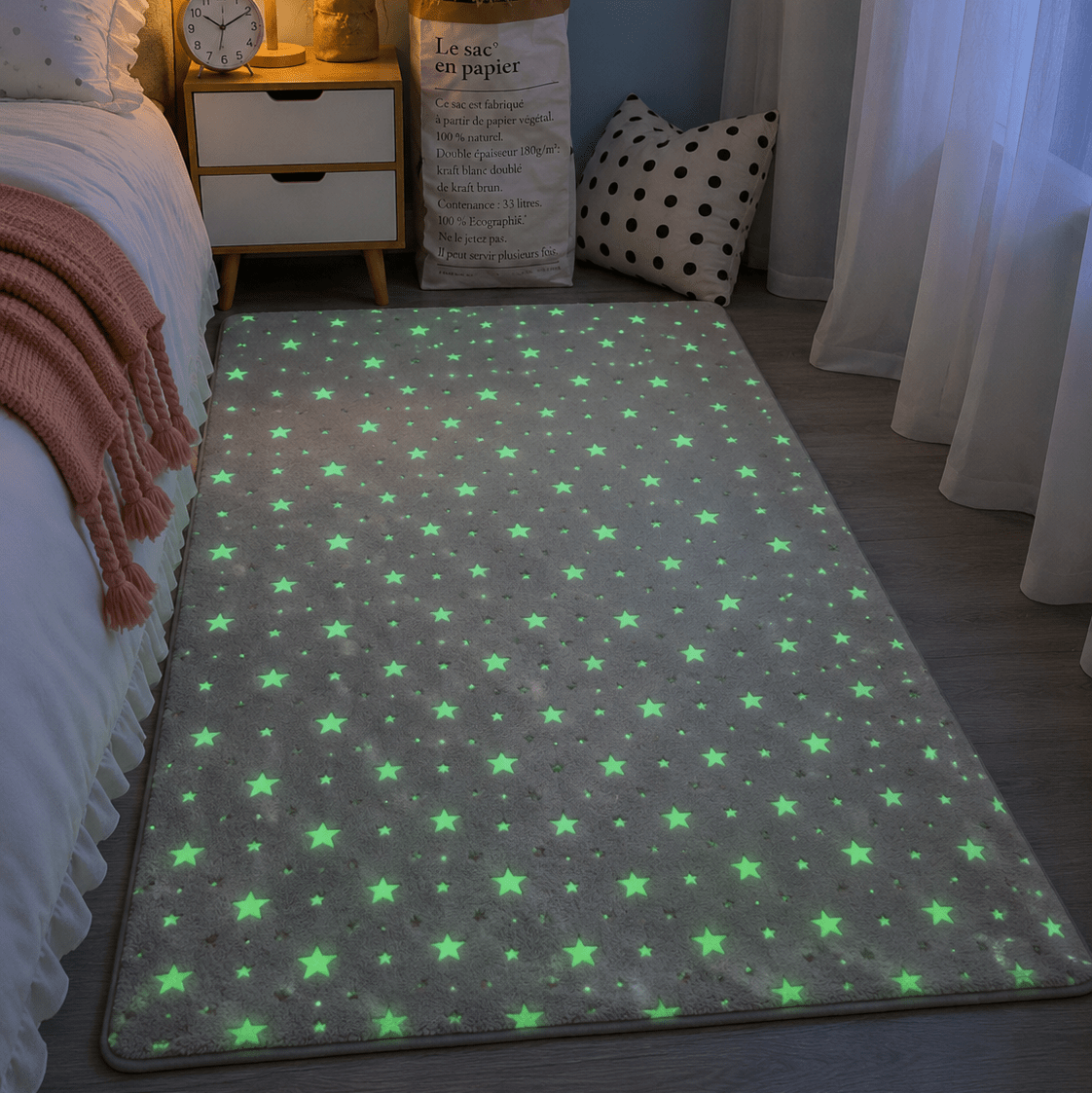 Tapis Enfant Lumineux - Motif Lune et Étoiles, Doux et Confortable