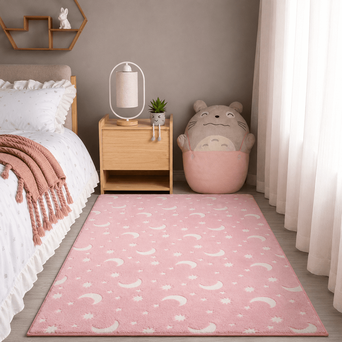 Tapis Enfant Lumineux - Motif Lune et Étoiles, Doux et Confortable