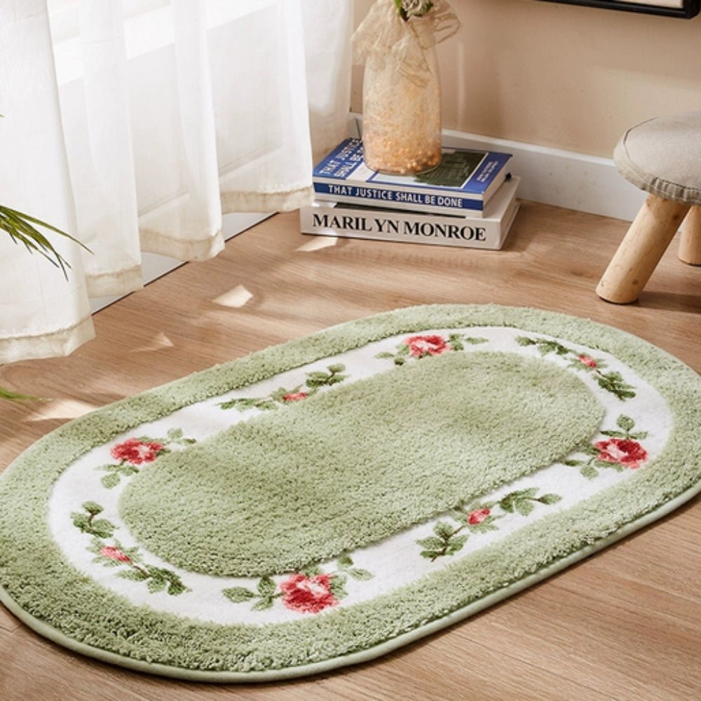 Tappeto da Bagno Ovale Floreale Antiscivolo in Morbida Microfibra