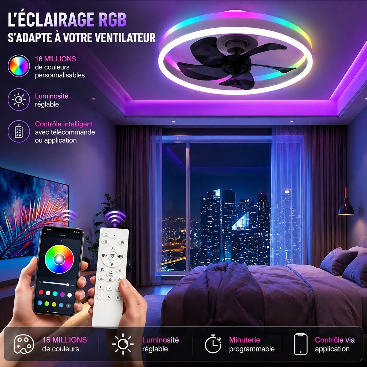 Ventilatore da soffitto a LED Ventorya - RGB Dimmerabile 50CM con Telecomando