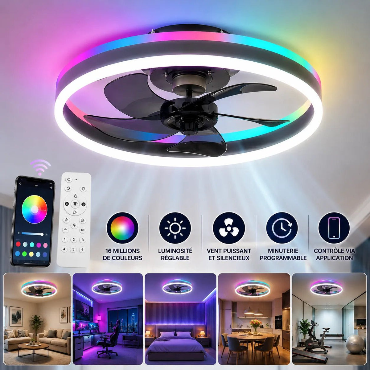 Ventilatore da soffitto a LED Ventorya - RGB Dimmerabile 50CM con Telecomando