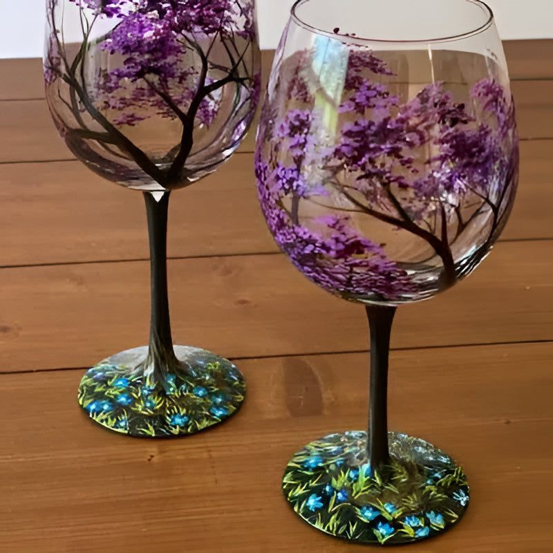 Bicchieri da Vino Artigianali Dipinti a Mano - Albero delle Quattro Stagioni
