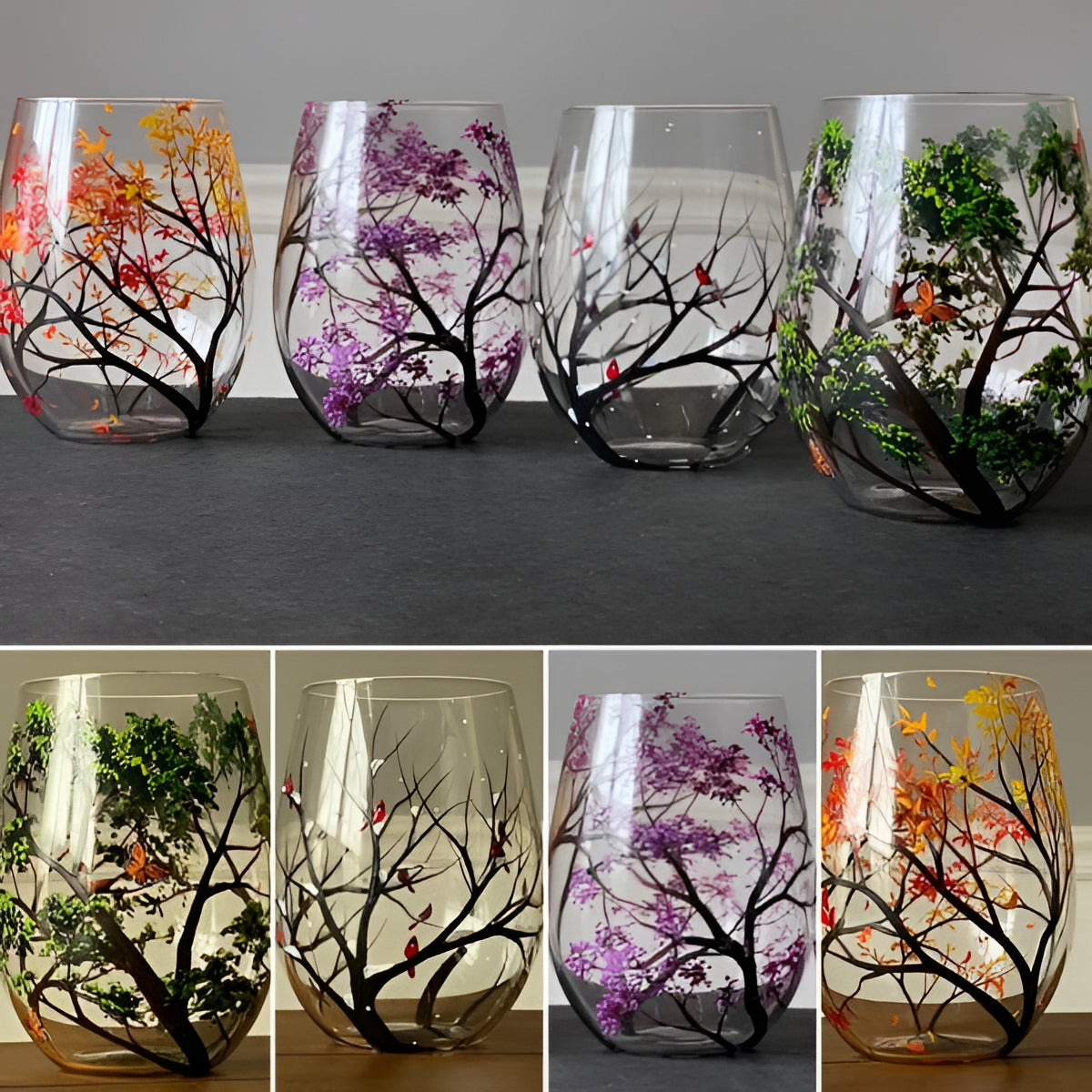 Bicchieri da Vino Artigianali Dipinti a Mano - Albero delle Quattro Stagioni