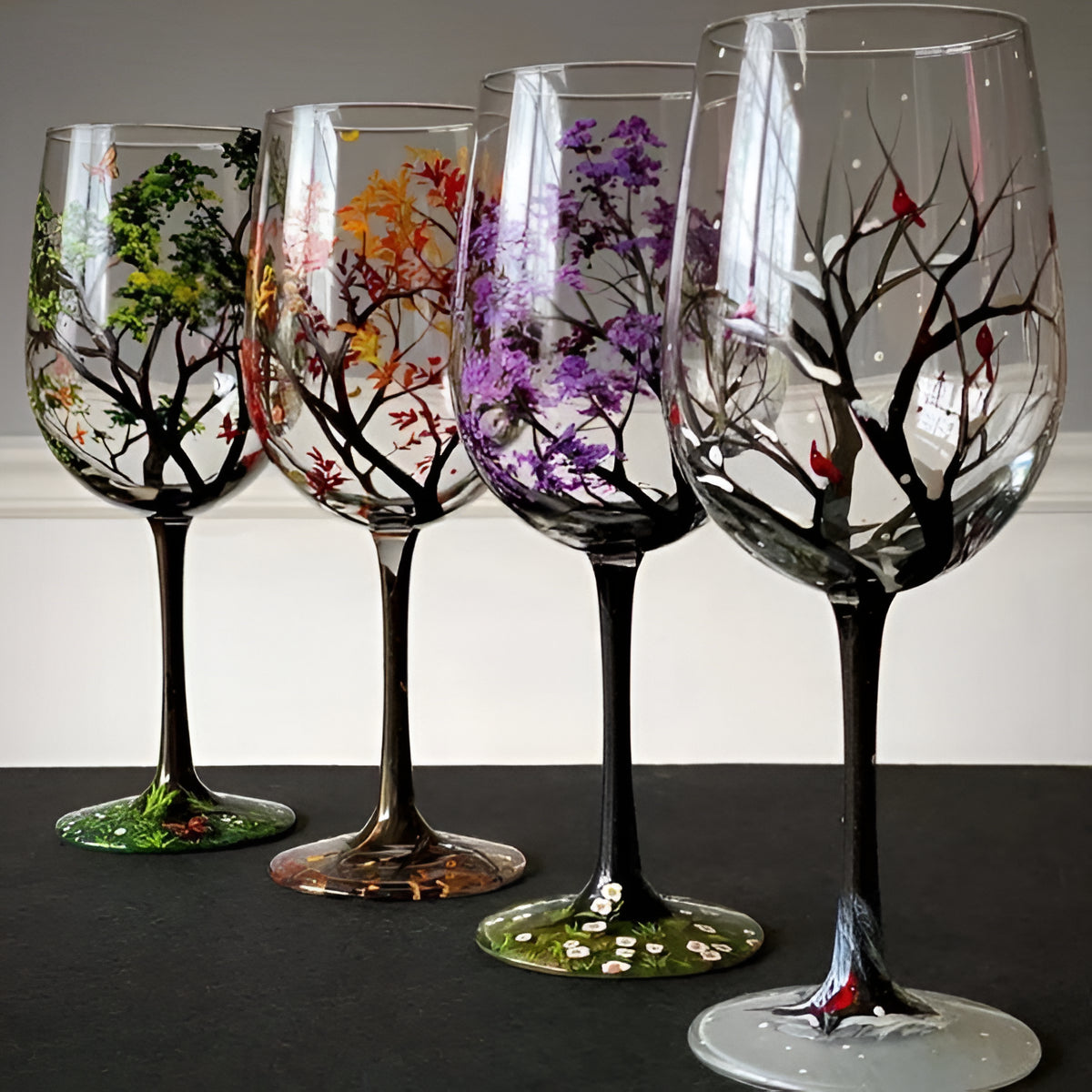 Bicchieri da Vino Artigianali Dipinti a Mano - Albero delle Quattro Stagioni