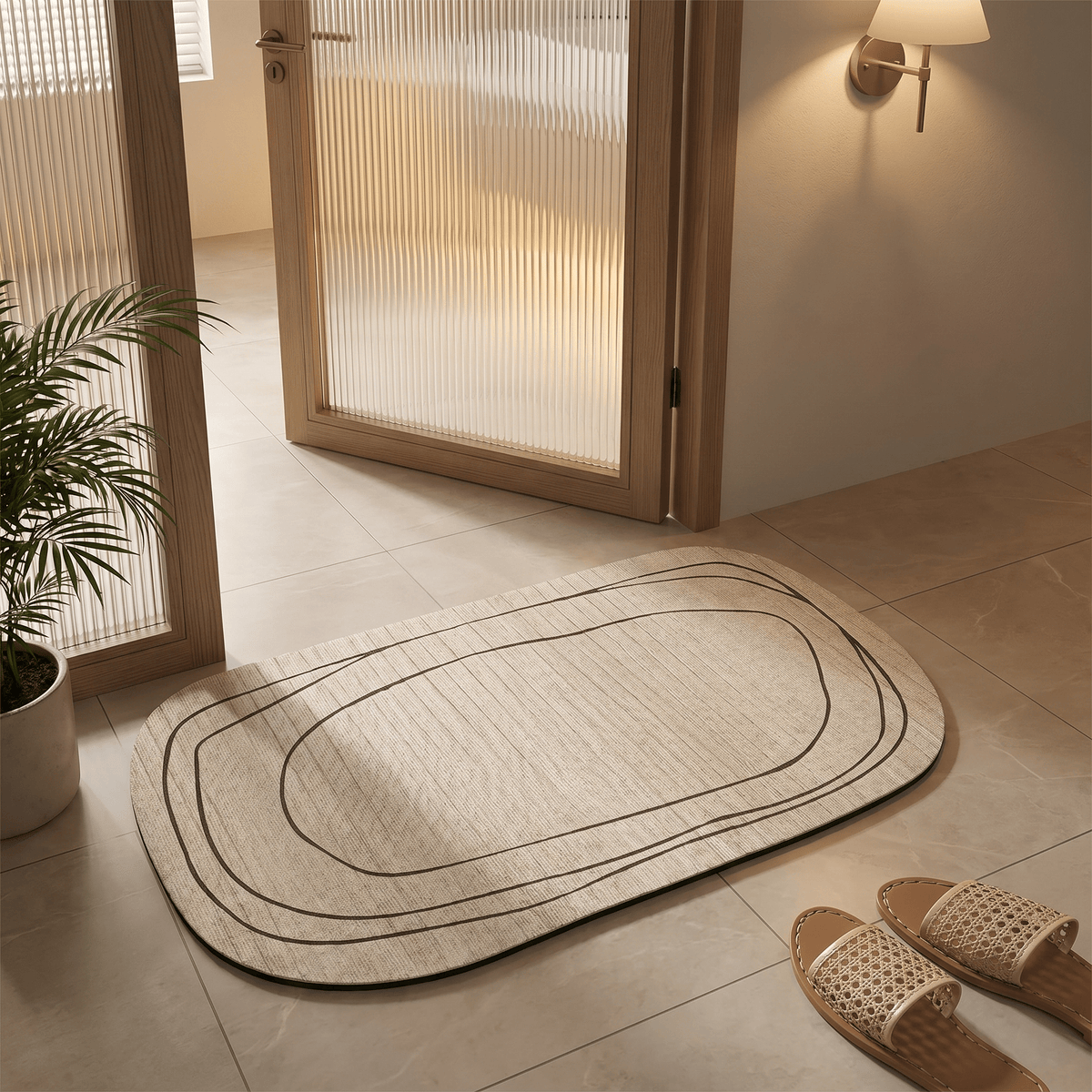 Tapis de bain absorbant motifs abstraits beige
