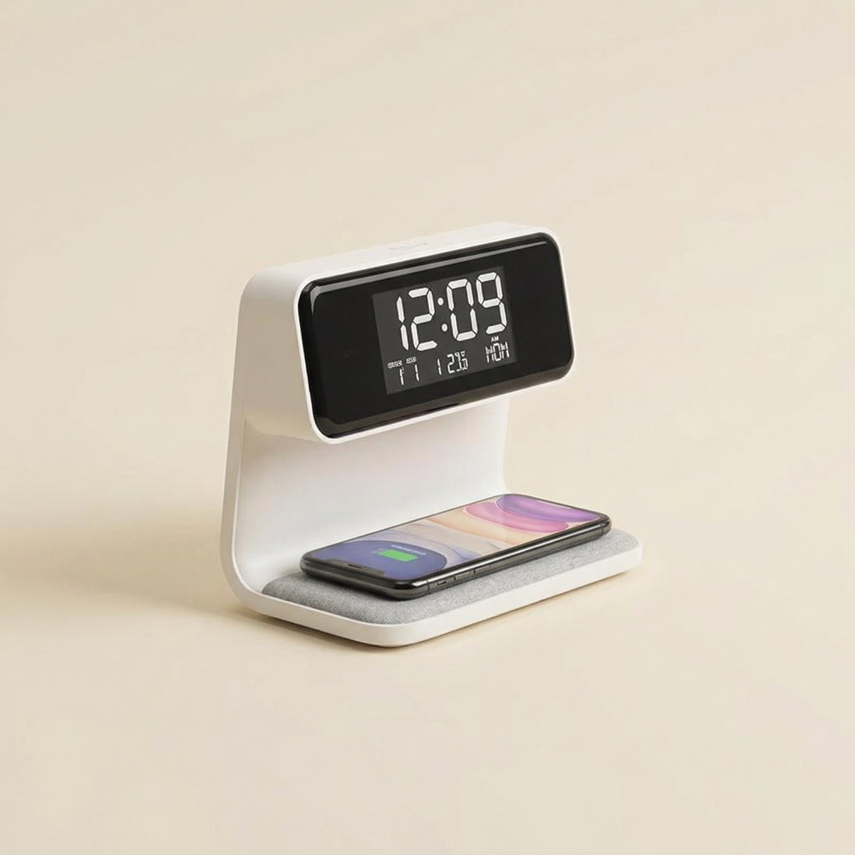 Réveil 3-en-1 veilleuse LED et chargeur sans fil - Blanc