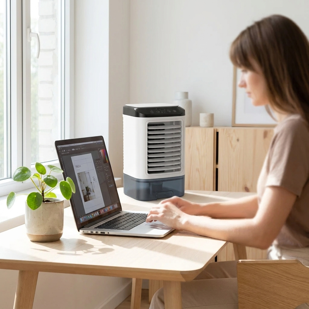 Climatiseur mobile silencieux BowLift sur un bureau moderne à côté d'un ordinateur portable